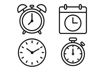 Time management icon set. Vector line art illustration of clock, alarm, calendar, and stopwatch. Concept for schedule, deadline, appointment, reminder, planning, and date.