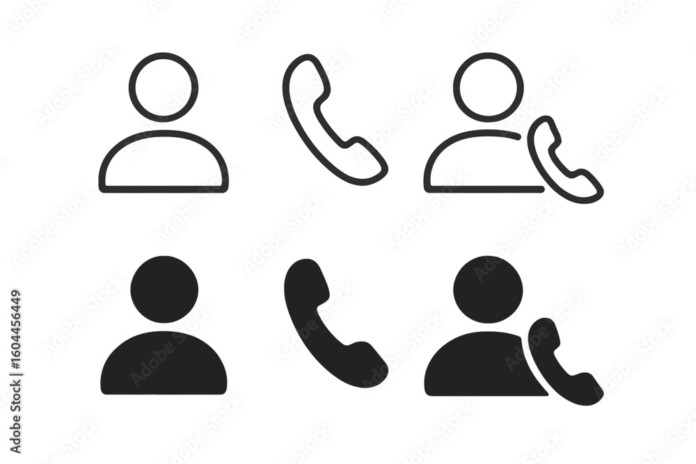 Leinwandbilder Contact icon set with user avatar and phone call symbols. Outline and silhouette vector pictograms for user interface design, communication app, support, and web buttons.