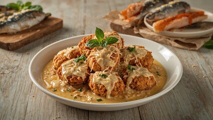 Savory chicken nuggets served alongside cheesy sauce and aromatic basil