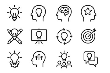 Creative idea line icon set. Vector symbols of innovation, brainstorming, and creativity. Icons for thinking, solution, strategy, inspiration, mind, startup, and success.