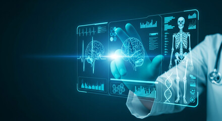 Doctor using futuristic interface to analyze patient data, including brain scans and skeleton. Advanced medical technology for diagnosis and treatment.