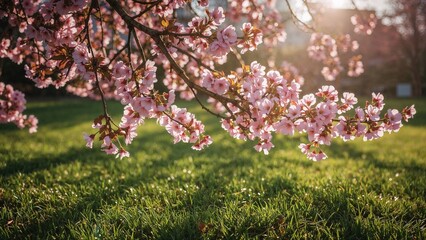 Light and airy spring backdrop showing pink cherry tree blossoms in a garden