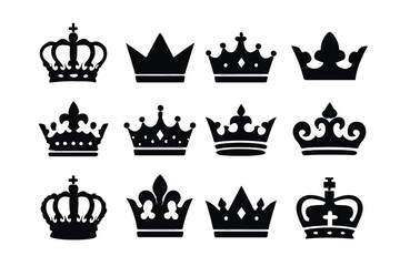 Crown vector collection of royal luxury symbols. Black crown silhouettes in diverse designs. Isolated icons symbolizing power, authority, majesty, king, queen, monarchy.