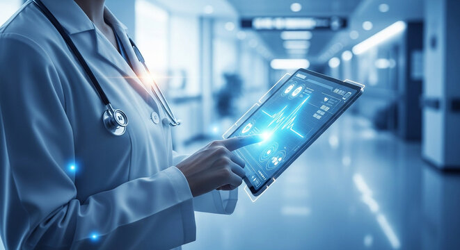 Doctor using a digital tablet in a hospital. Concept for healthcare, technology, and medical research. Modern medicine and innovative technology.