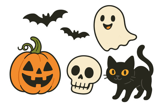 Halloween cute cartoon vector icons set collection pumpkin ghost black cat skull bats spooky illustration kids friendly design transparent background