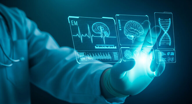 Doctor interacting with futuristic medical interface displaying brain scans and DNA. Advanced technology in healthcare. Medicine concept.