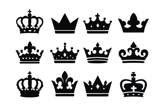 Crown vector collection of royal luxury symbols. Black crown silhouettes in diverse designs. Isolated icons symbolizing power, authority, majesty, king, queen, monarchy. - Powered by Adobe