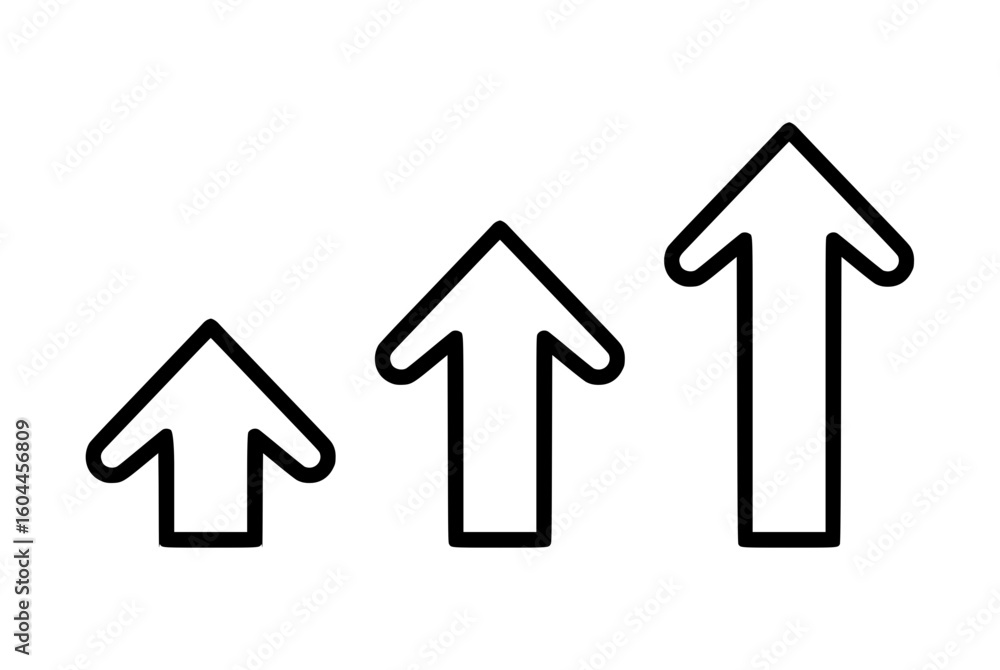 Poster outline icon of three ascending arrows representing growth concept, upward pointing arrow in a moder