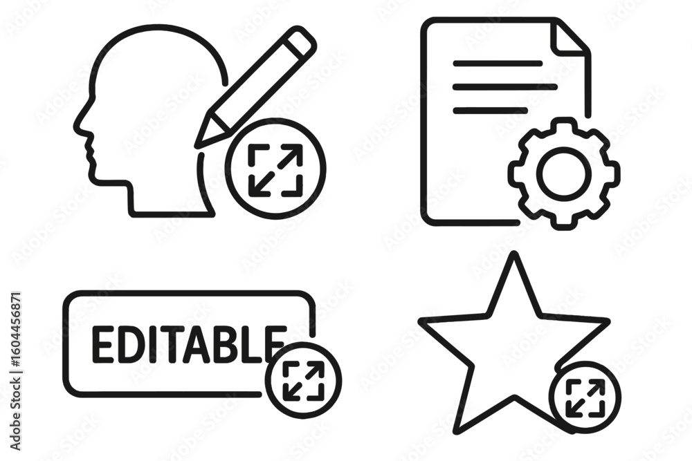 Poster set of customizable line icons. user profile editing, document settings, scalable favorite star. con