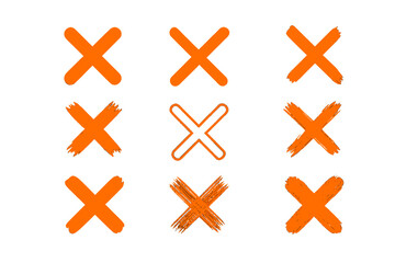 Fototapeta premium Cross mark collection. Big set of orange X icons. Hand drawn grunge, brush stroke style. No symbol, wrong, vote, reject, error sign. Delete, remove, close button. Vector.