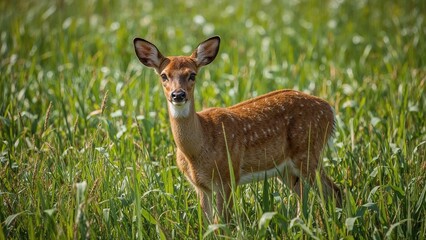 Deer attentively peering through tall vegetation