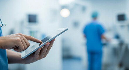Doctor using a digital tablet in a modern hospital. Healthcare professional leveraging technology for efficient patient care and medical management. Modern medicine.