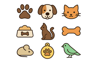 Pet care icons collection, cute dog cat paw print bowl bone mouse bird silhouettes, flat cartoon outline style, colorful vector illustration, transparent, for pet branding