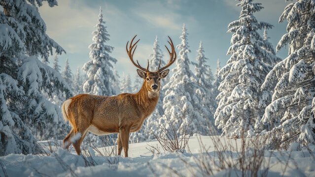 Animal with red fur in snowy nature scene