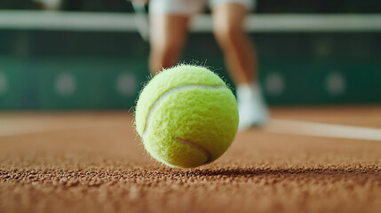 Tennis action shot: A bright yellow ball bounces on a clay court as a player in white approaches, ready for the next powerful swing in a competitive match.