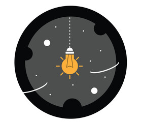 Round Emblem or Sticker with Flat Style Light Bulb on Black. Technology, electricity and bright idea generation vector art