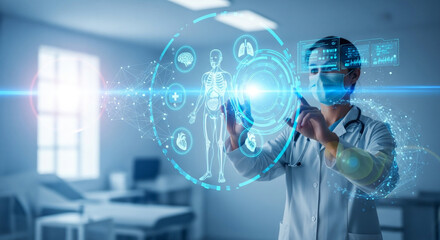 Futuristic doctor using augmented reality for patient analysis. Advanced medical technology and AI healthcare. Innovation for diagnosis and treatment.