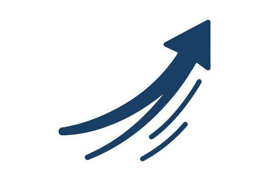 Dynamic upward arrow trajectory with glowing blue gradient and motion lines symbolizing growth, progress and business success, vector background for web banners and infographics