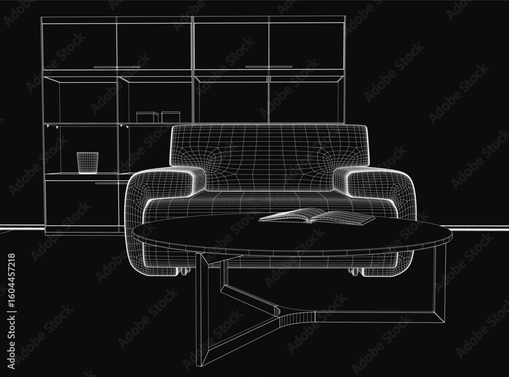 Poster a 3d wireframe model of a modern sofa paired with a sleek table, featuring an open book on the surfa