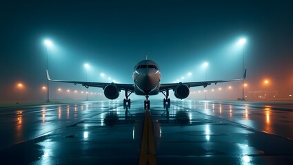 airplane at night art airport ready to take off