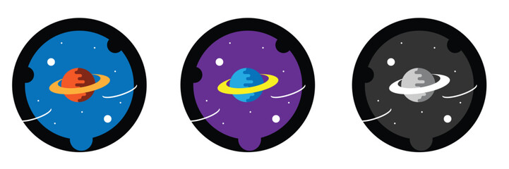 Round Emblem or Sticker with Planet and Stars in Space. Cosmos exploration and science vector art