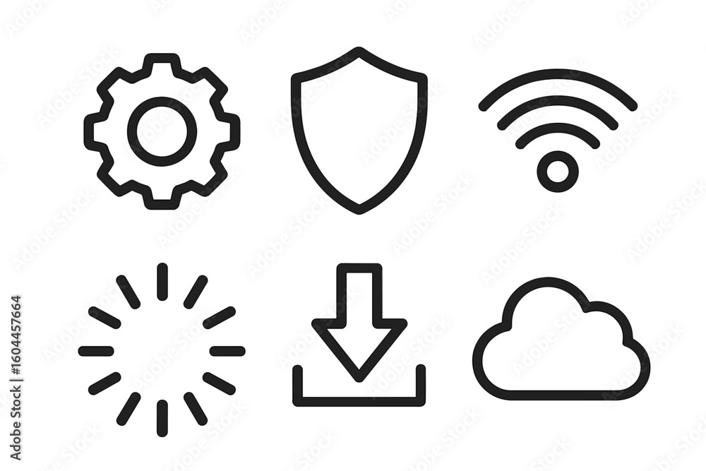 Aufkleber technology icon set gear shield signal loading download cloud symbols. digital interface elements ve