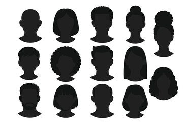 Diverse African American male female avatar silhouette set. Variety of black people head shapes, hairstyles, man woman boy girl profiles icons. Afro hair vector background