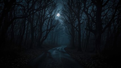 Obraz premium Spooky forest walkway under the cover of darkness, surreal setting