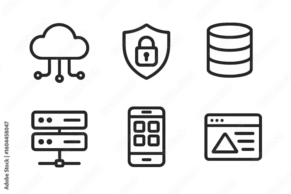 Aufkleber cloud computing thin line icons set: secure shield lock cybersecurity, database storage, server rack