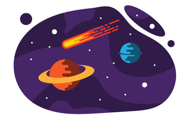 Small Illustration with Space Stars Planets and Asteroid Flat Style. Cosmos exploration and science vector art