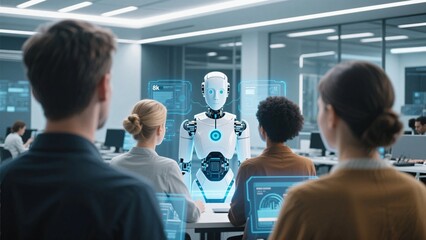 Advanced AI Robot Assistant in Corporate Meeting Room with Digital Dashboards