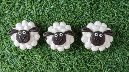 Fun and festive sheep cupcakes crafted with marshmallow and black fondant faces, arranged on green grass for a delightful Easter-themed snack