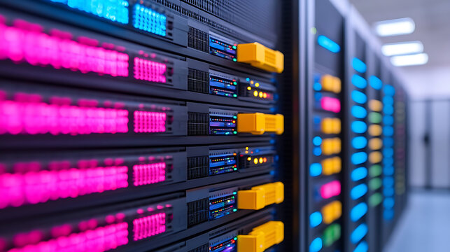 Close-up of a server room showcasing rows of server racks with vibrant lights, reflecting data processing and network infrastructure.