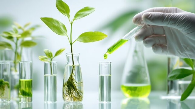 The hand conducting a scientific experiment with plant growth in the laboratory.
