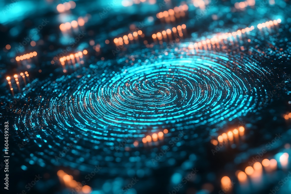 Aufkleber digital fingerprint technology scan with glowing blue lines and orange dots for security