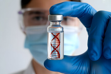 Scientist in medical gear holds vial containing DNA helix, representing genetic research and biotechnology advancements