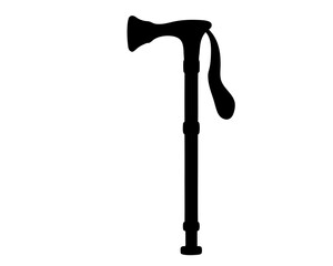 A stark silhouette of a black walking cane with an offset handle.