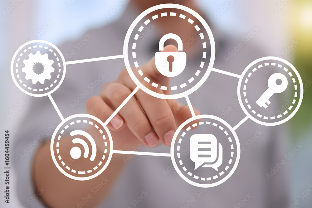 Poster cybersecurity concept with hand touching padlock icon representing data protection, internet securit