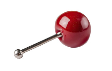 A glossy, deep red cherry on a metallic rod