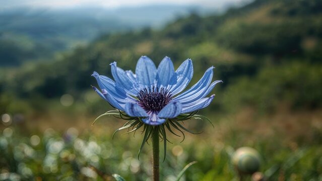 A vibrant cyanthillium flower freshly picked amidst lush plants and hills