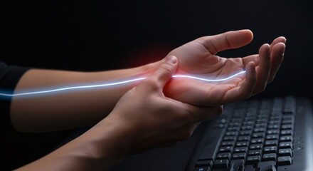 Wrist Pain & Carpal Tunnel Syndrome: Hand with Glowing Nerve Path, Repetitive Strain Injury from Computer Use