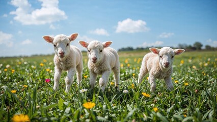 Fototapeta premium Tiny lambs playing among garden plants. Nature's rule