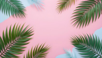 Painted Palm Leaves on Pastel Pink and Blue Background – Tropical Summer Minimal Flat Lay Design