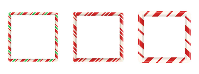 Fototapeta premium Christmas ornament frames with square candy pattern for banner or decor. Isolated 3D design for holiday card with stripe and cane.