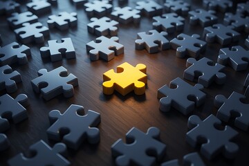 Obraz premium Single bright yellow puzzle piece surrounded by dark grey pieces image