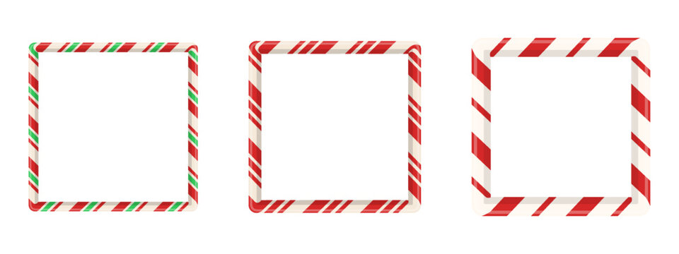 Christmas ornament frames with square candy pattern for banner or decor. Isolated 3D design for holiday card with stripe and cane.