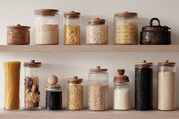 Pantry shelves storing dry goods with plain background; display, home decor, food