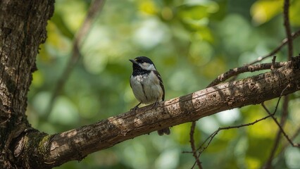 Fototapeta premium Charming Ficedula zanthopygia bird resting on a branch amidst greenery