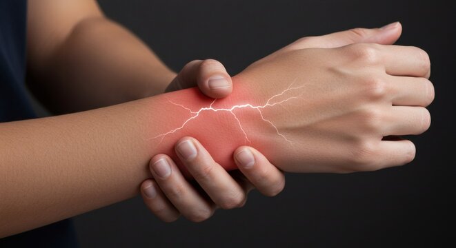 Wrist Pain Concept: Hand with Red Glow and Lightning Bolt Graphic Symbolizing Injury or Discomfort - Powered by Adobe