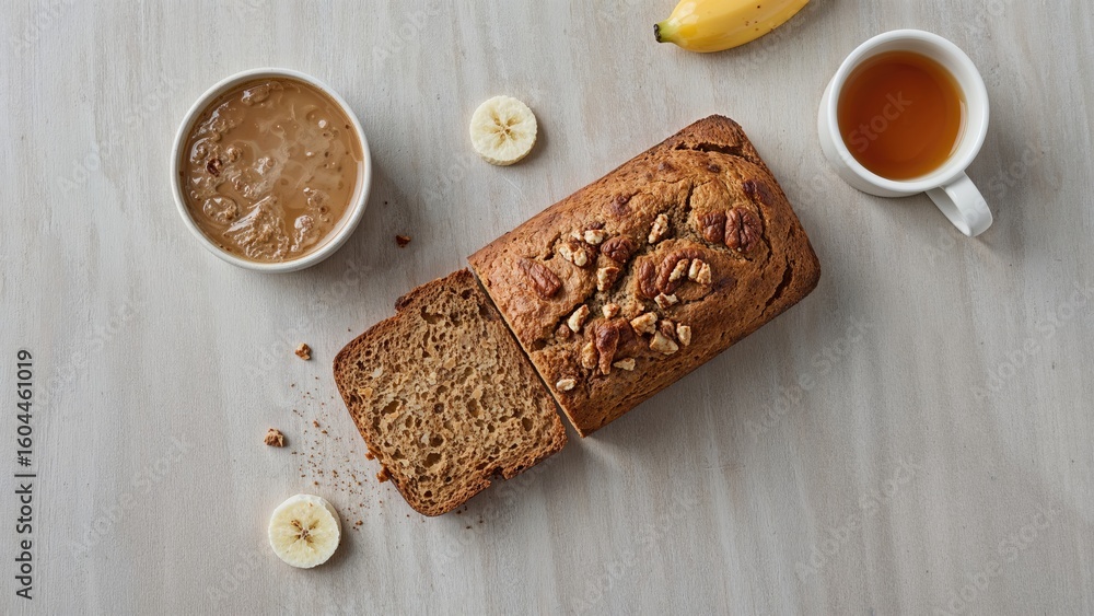 Poster flat lay of banana bread containing nuts and a tea cup placed on a muted gray table, with empty spac